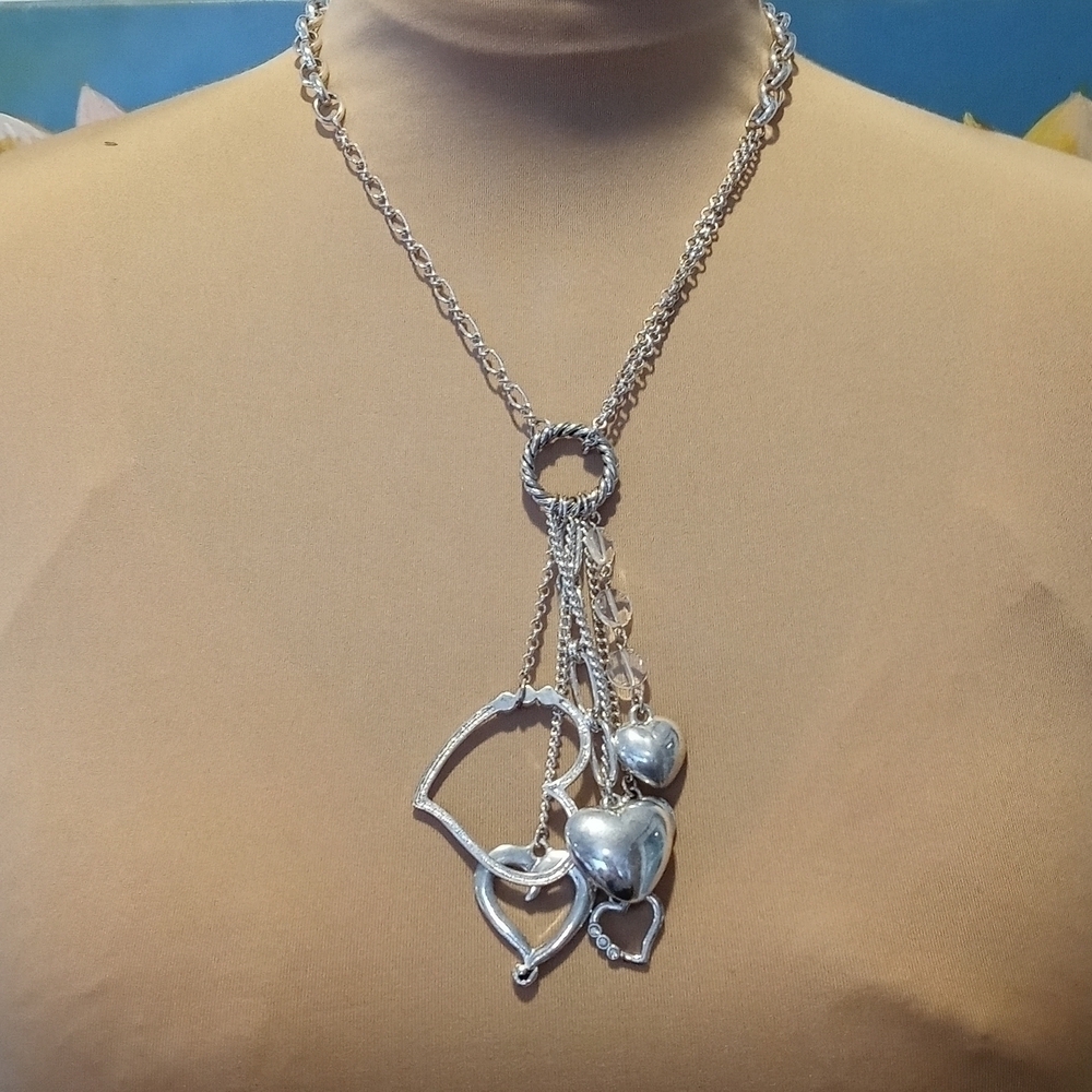 Silvertone heart and faux diamond multiple pendants 18 inch chain